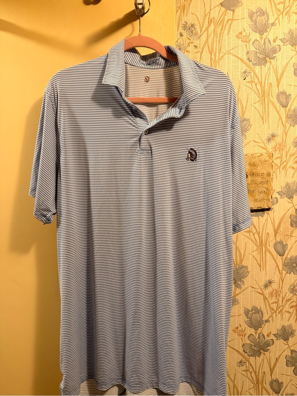 Men's Striped Light Blue Polo with Chest Emblem